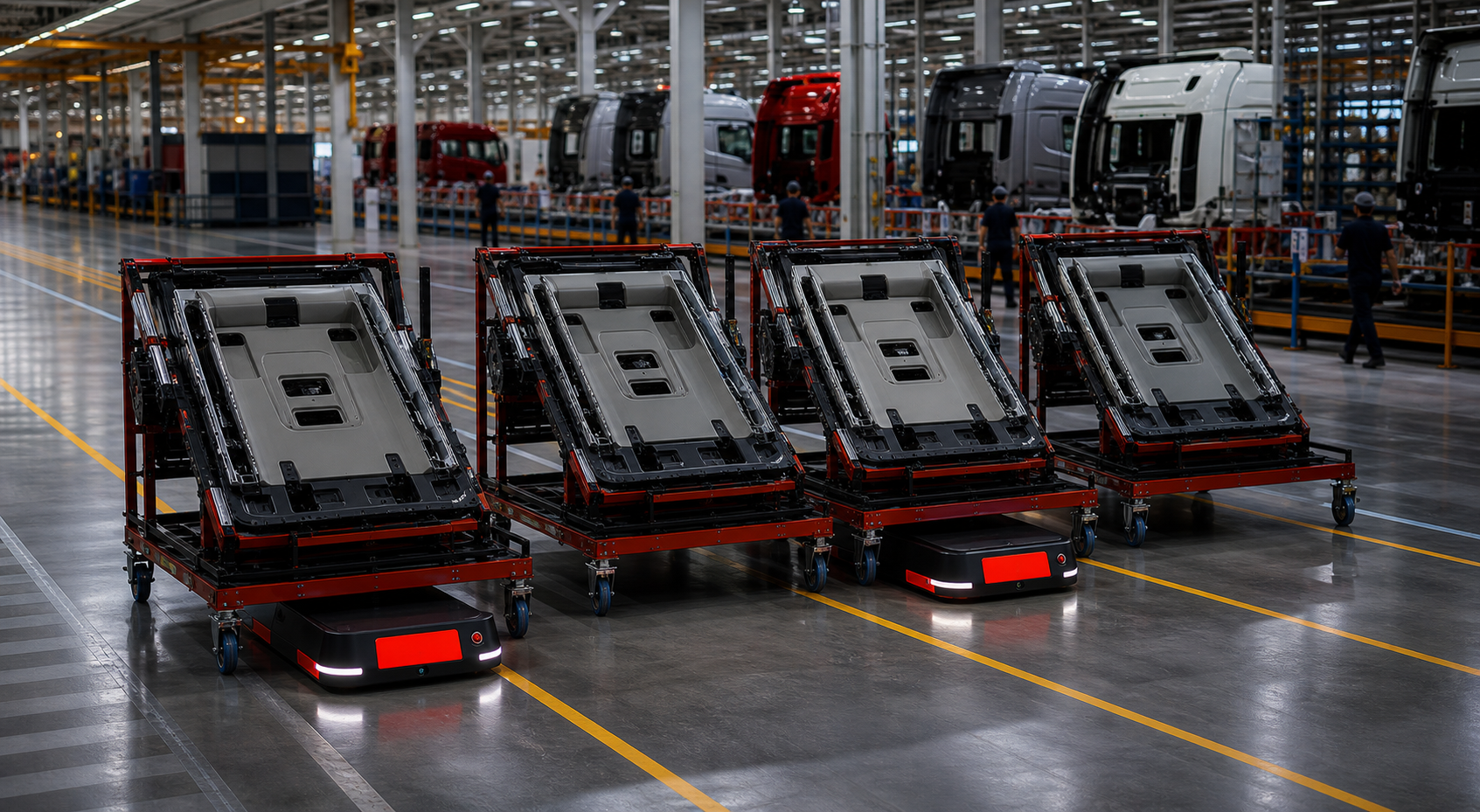 Dört özel taşıma arabasında taşınan kamyon iç üst panel parçaları ve intralojistik robotları
