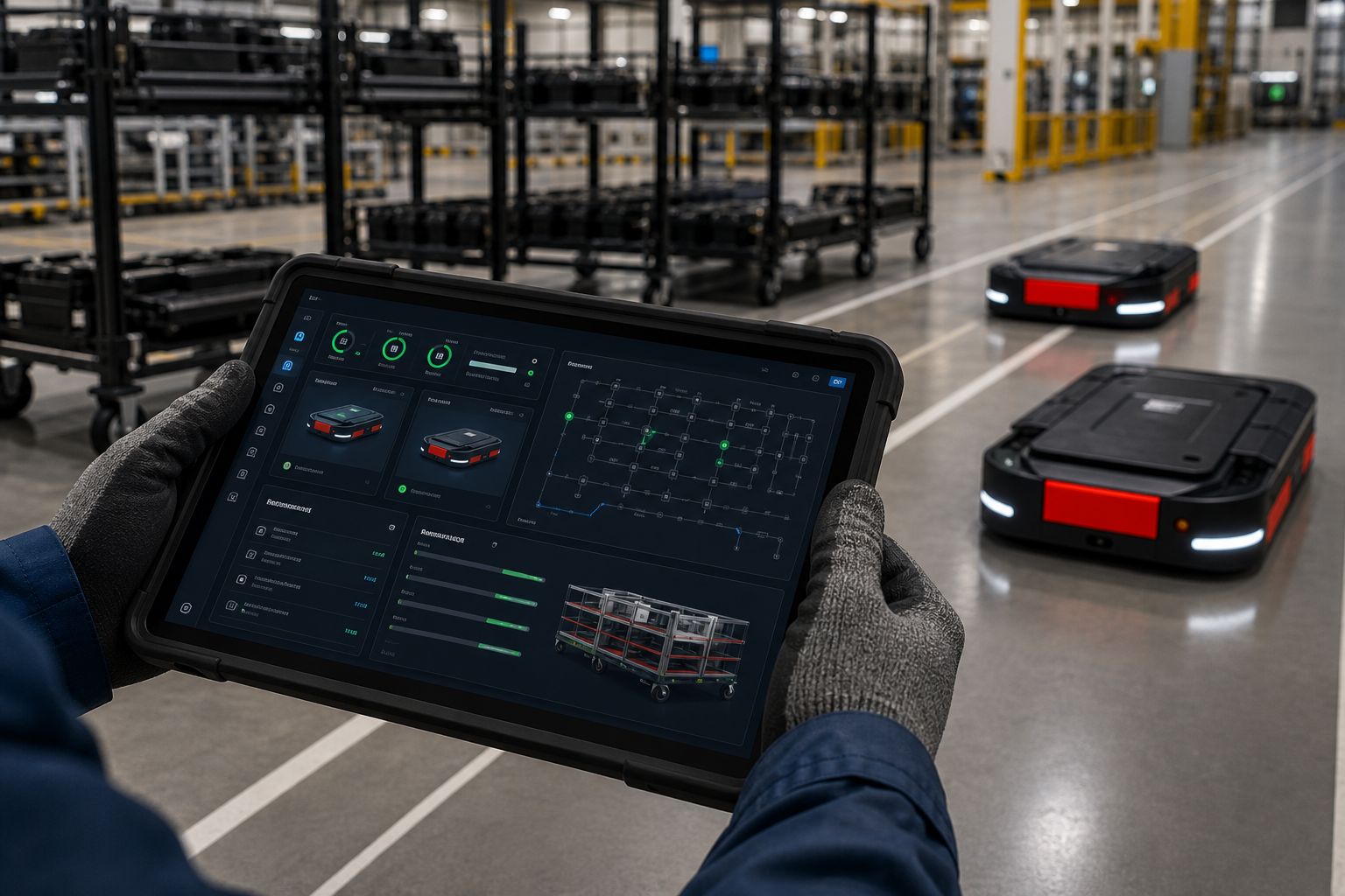 Android tablet client üzerinde AGV durum izleme ve şarj yönetimi ekranı
